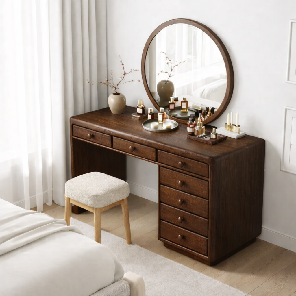 Solid Wood Makeup Vanity Desk with 7 Drawers, Modern Wooden Dressing Table with Rounded Edges
