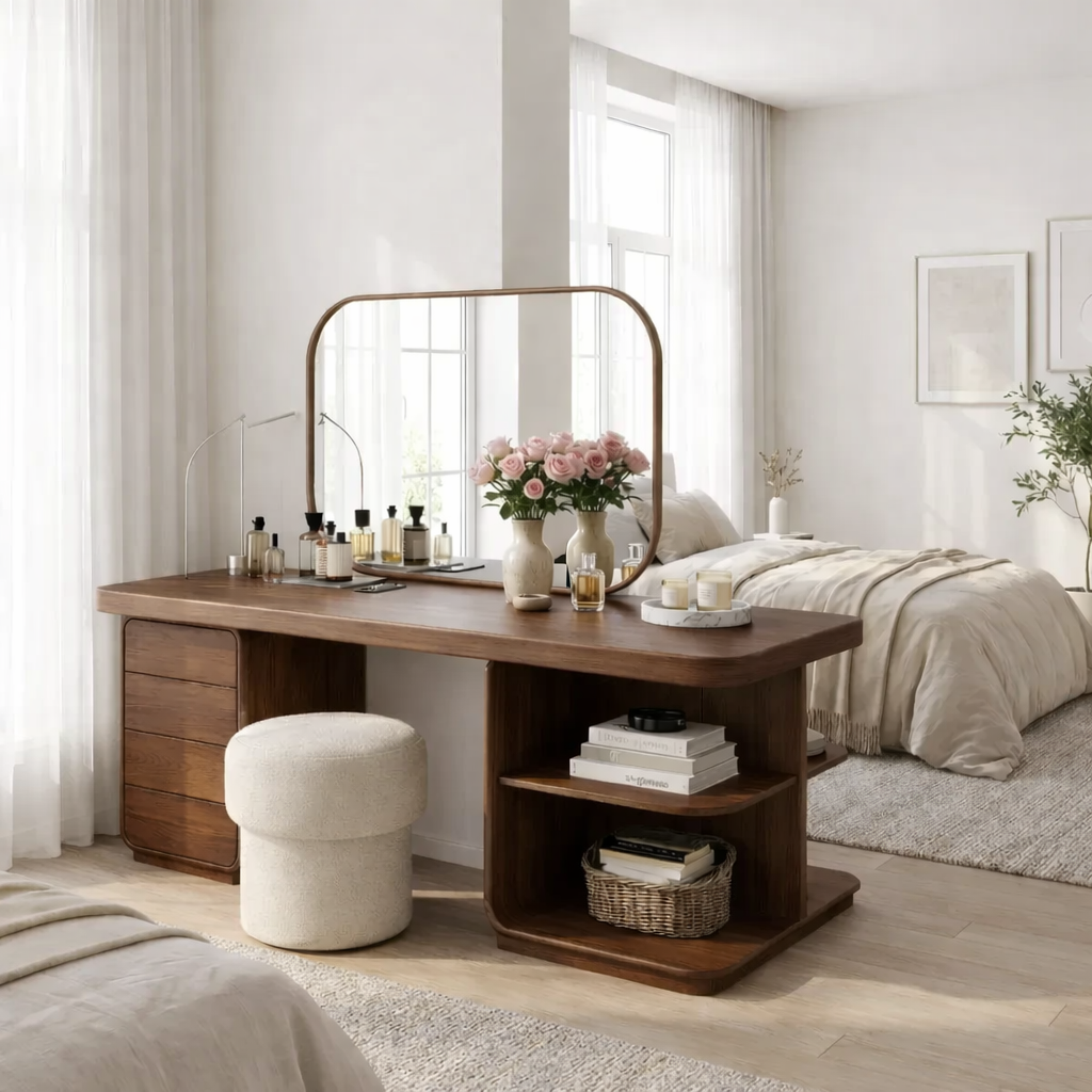 Solid Wood Makeup Vanity Desk with Side Open Shelves and Storage Drawers