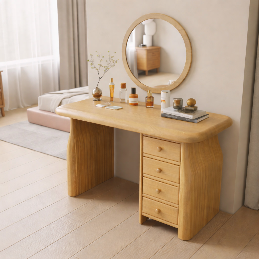 Solid Wood Makeup Vanity Desk with 4 Drawers, Curved Sculptural Wooden Dressing Table