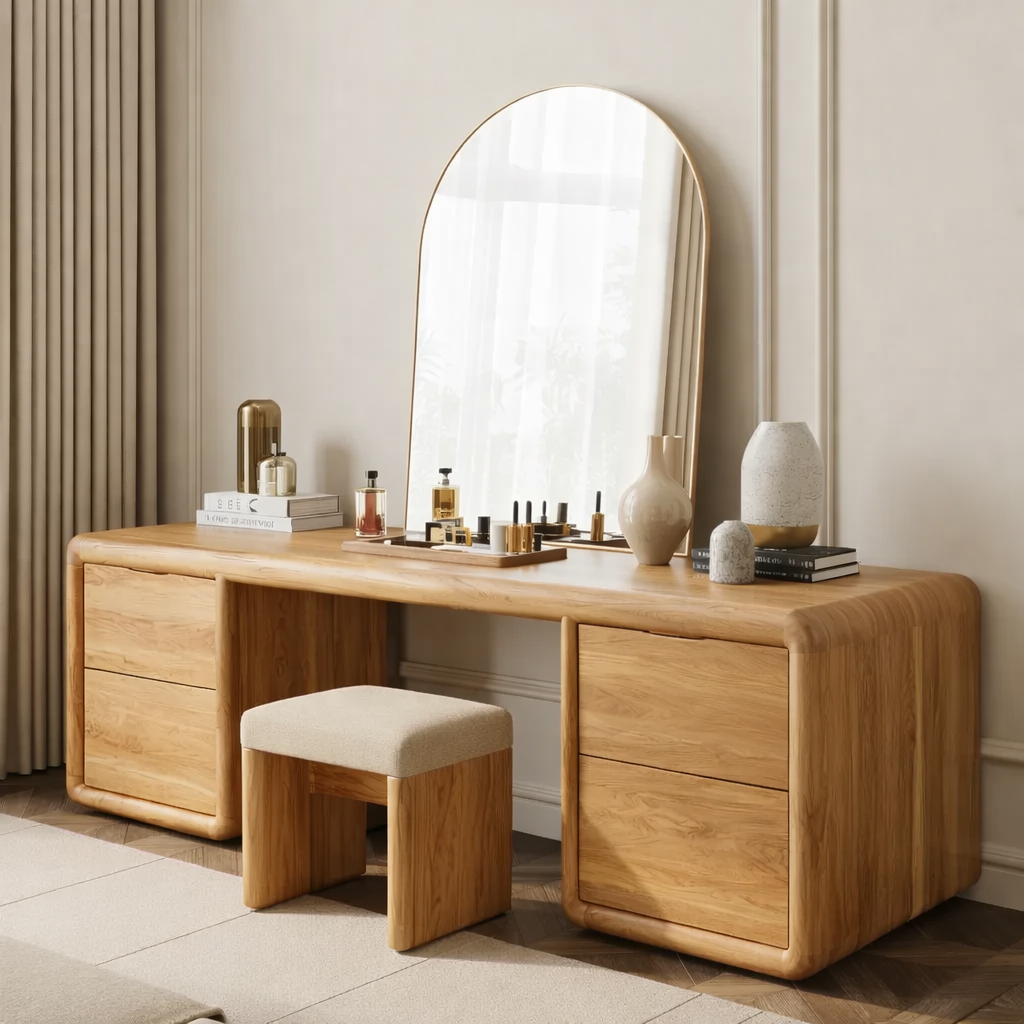 Solid Wood Makeup Vanity Desk with 4 Drawers, Rounded Waterfall Wooden Dressing Table