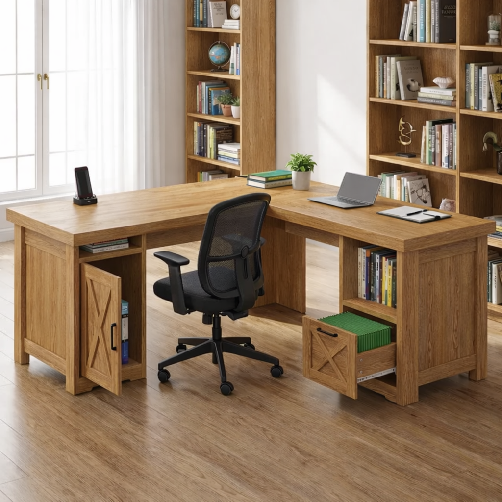 Solid Wood L Shaped Office Desk with Storage Cabinets and Shelves, Modern Wooden Executive Study Desk