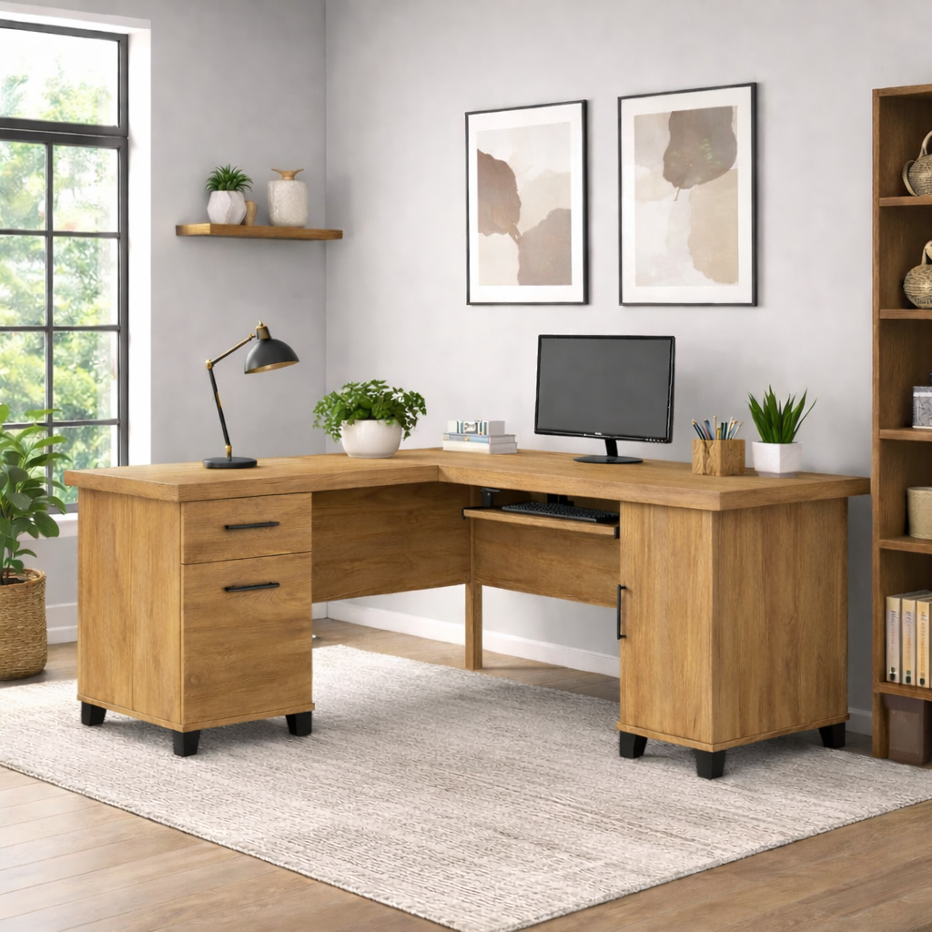 Solid Wood L Shaped Office Desk with 2 Drawers, Storage Cabinet and Keyboard Tray
