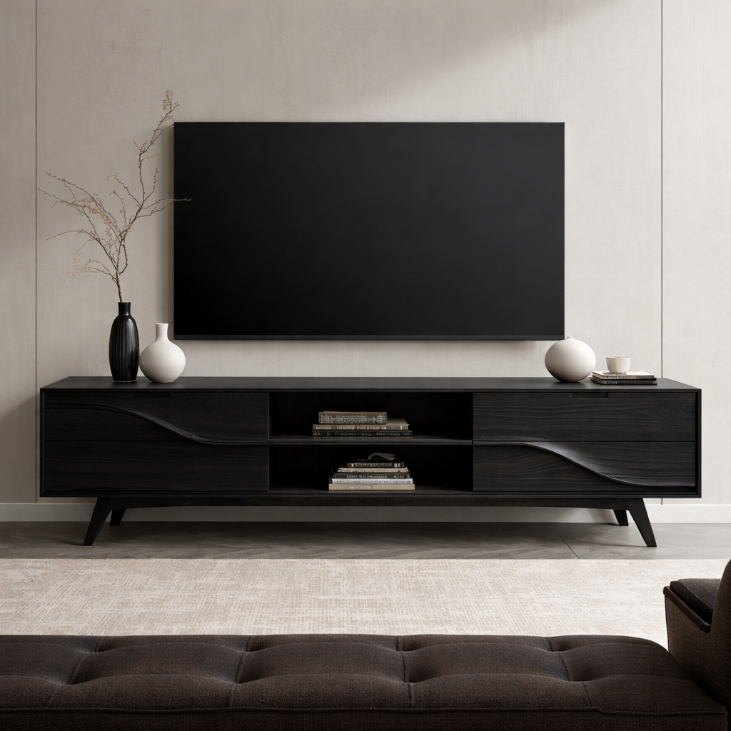 Solid Wood TV Stand with Wave Carved Drawers – Modern Mid-Century Media Console