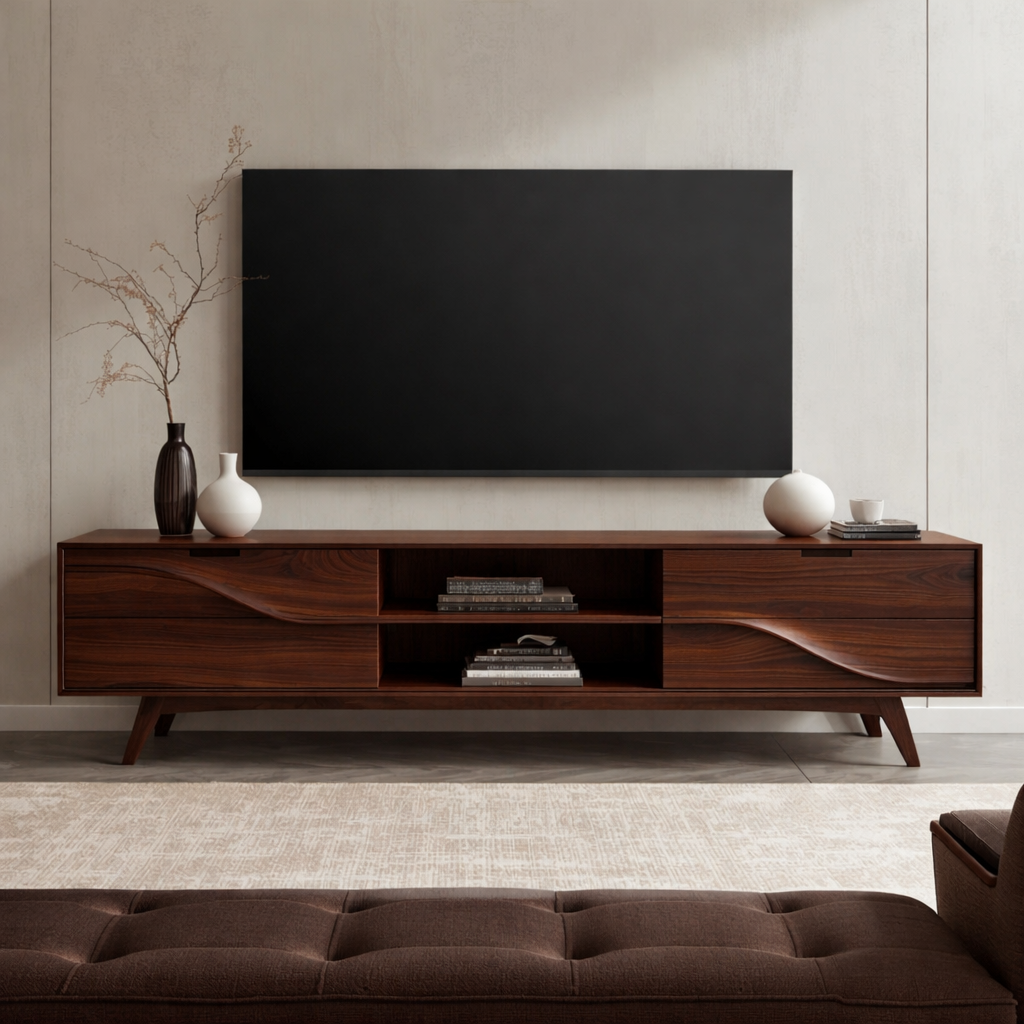 Solid Wood TV Stand with Wave Carved Drawers – Modern Mid-Century Media Console