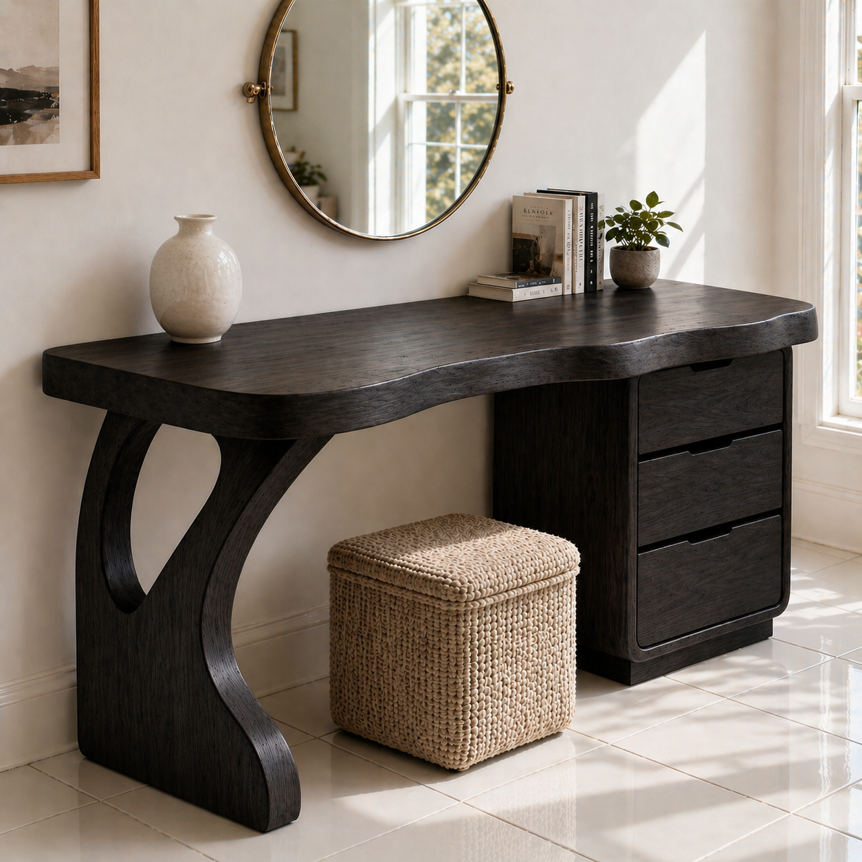 Solid Wood Makeup Vanity with Curved Leg and 3 Drawer Storage