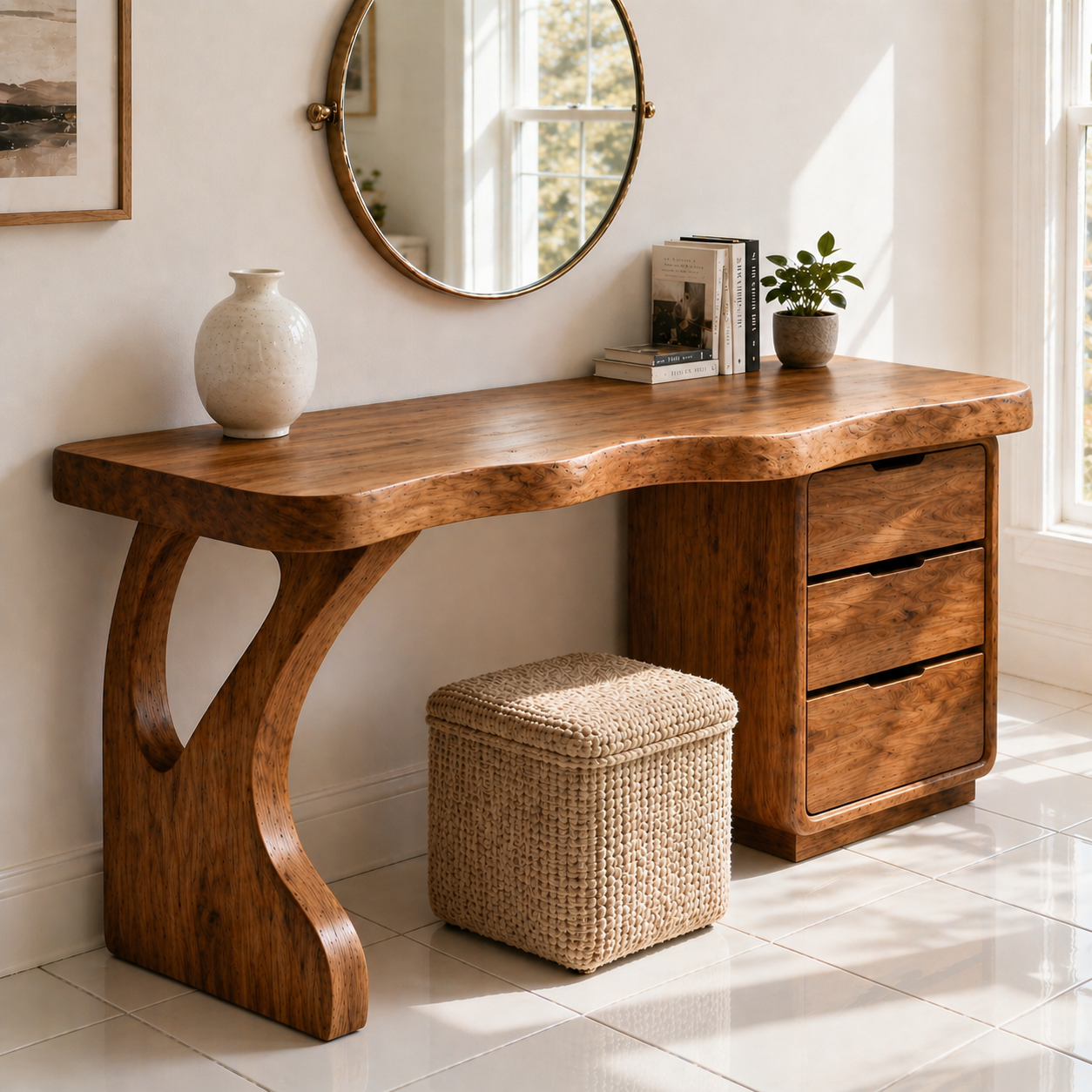 Solid Wood Makeup Vanity with Curved Leg and 3 Drawer Storage