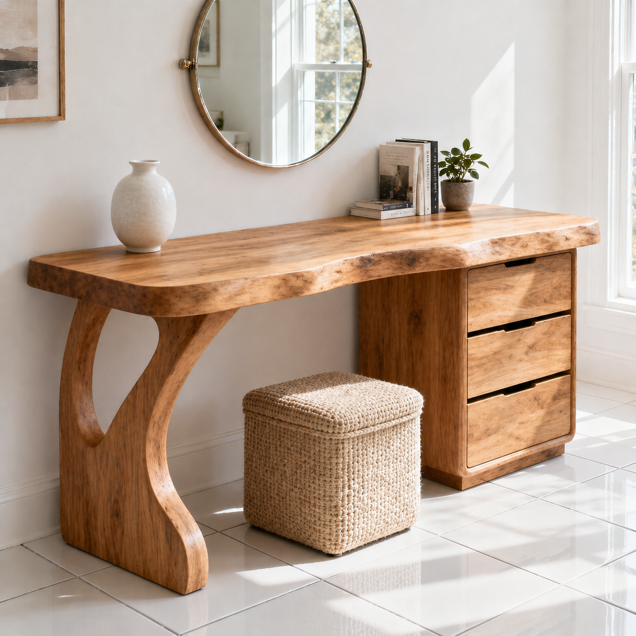 Solid Wood Makeup Vanity with Curved Leg and 3 Drawer Storage