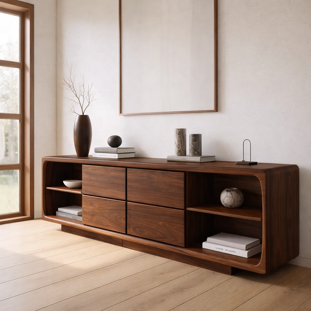 Solid Wood Console Table with Drawer Storage and Open Shelf Design for Modern Living Room