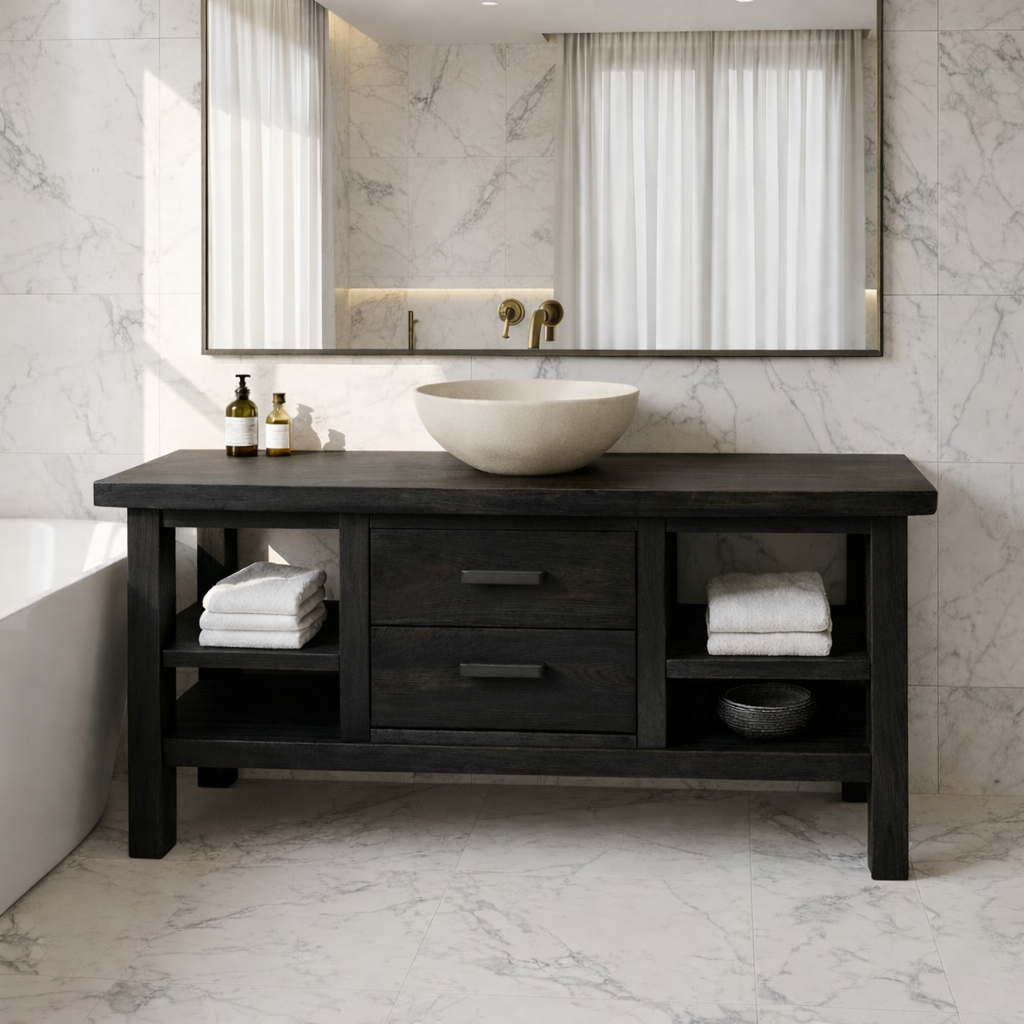 Solid Wood Bathroom Vanity with Center Drawers and Open Side Shelves for Contemporary Bathrooms