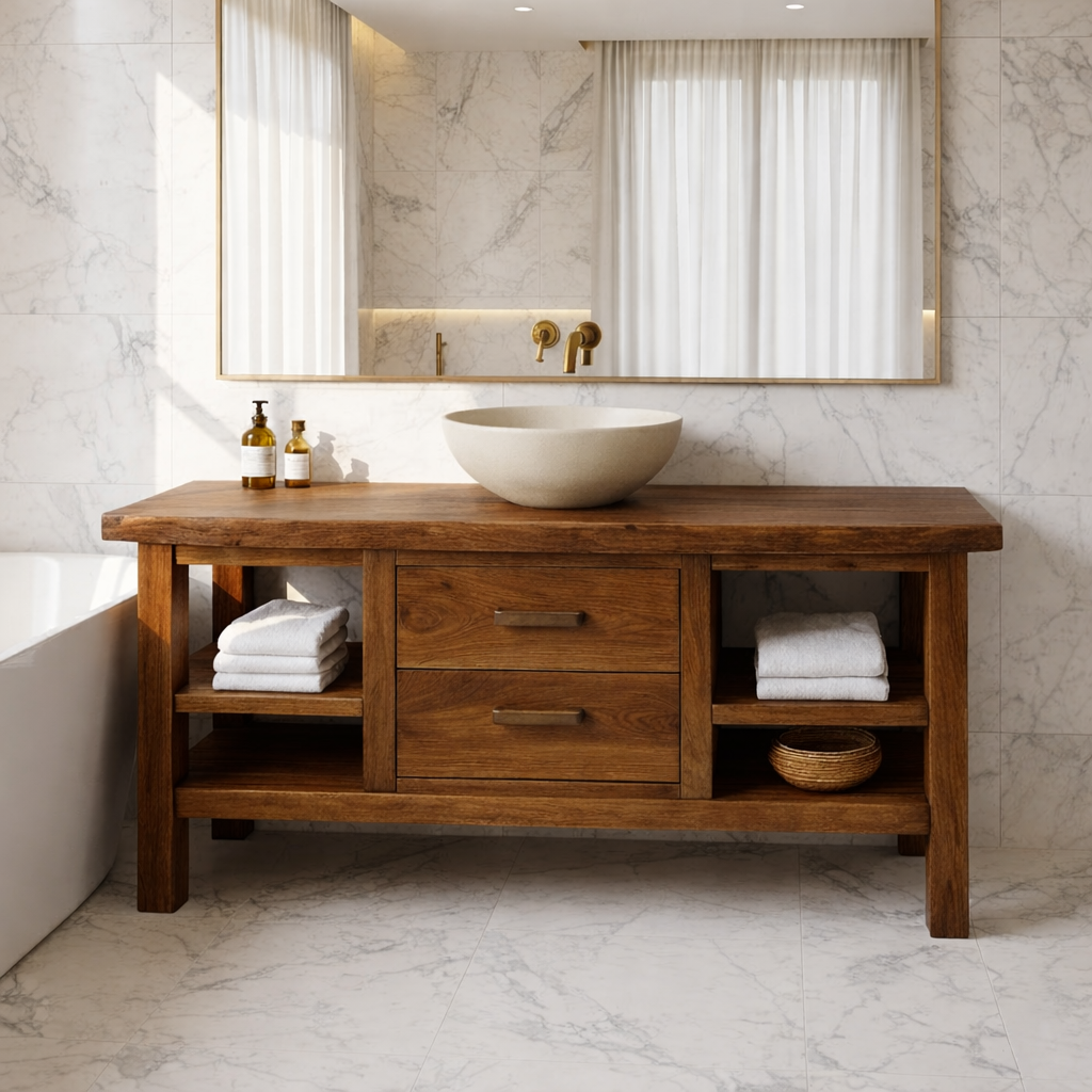 Solid Wood Bathroom Vanity with Center Drawers and Open Side Shelves for Contemporary Bathrooms