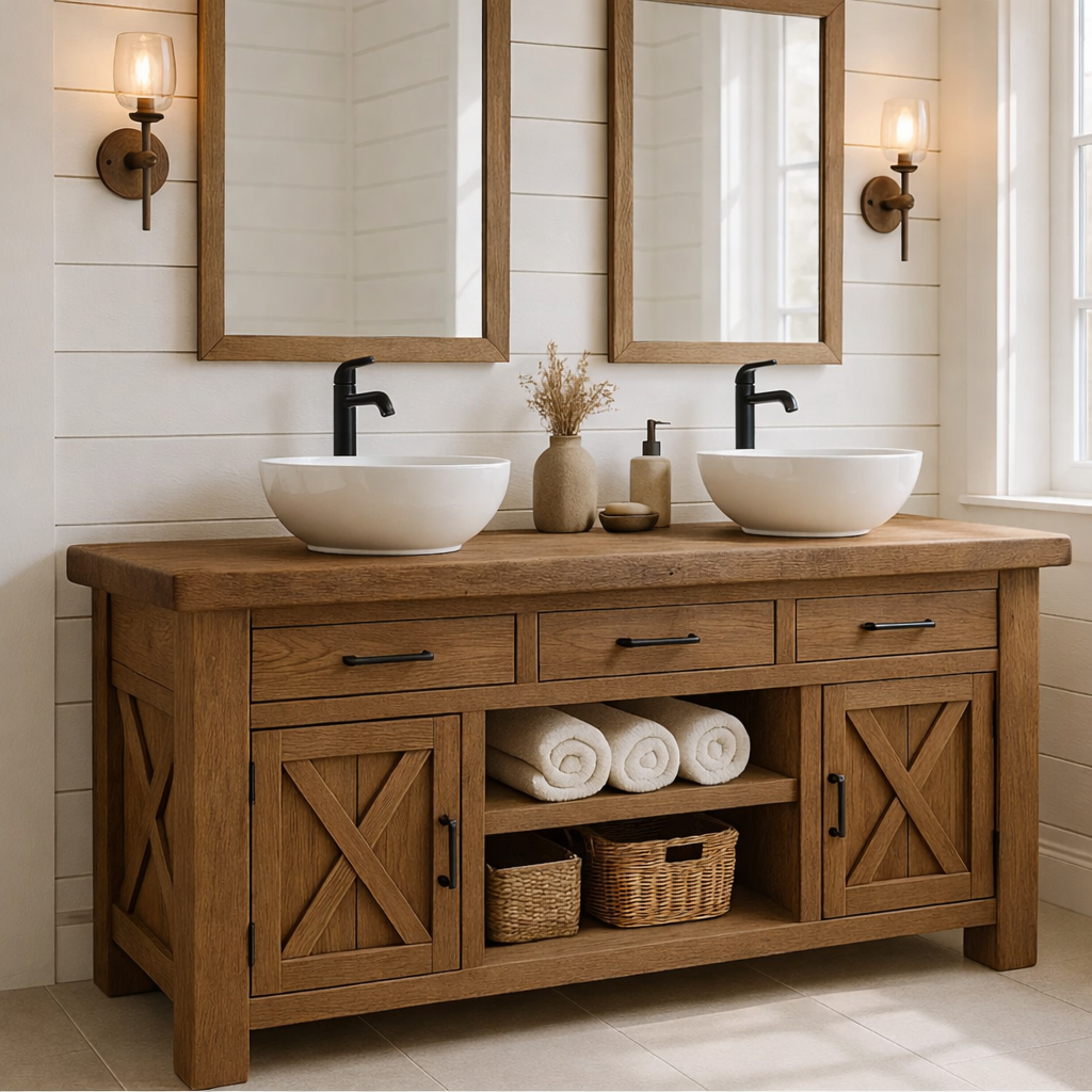 Farmhouse Solid Wood Double Bathroom Vanity with 3 Drawers, Sliding Barn Doors and Open Shelf