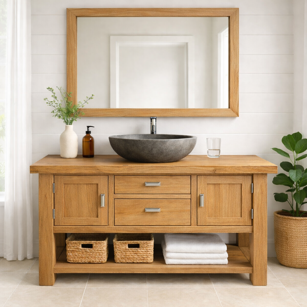 Timeless Solid Wood Bathroom Vanity with Double Side Cabinets, Center Drawers and Open Bottom Shelf