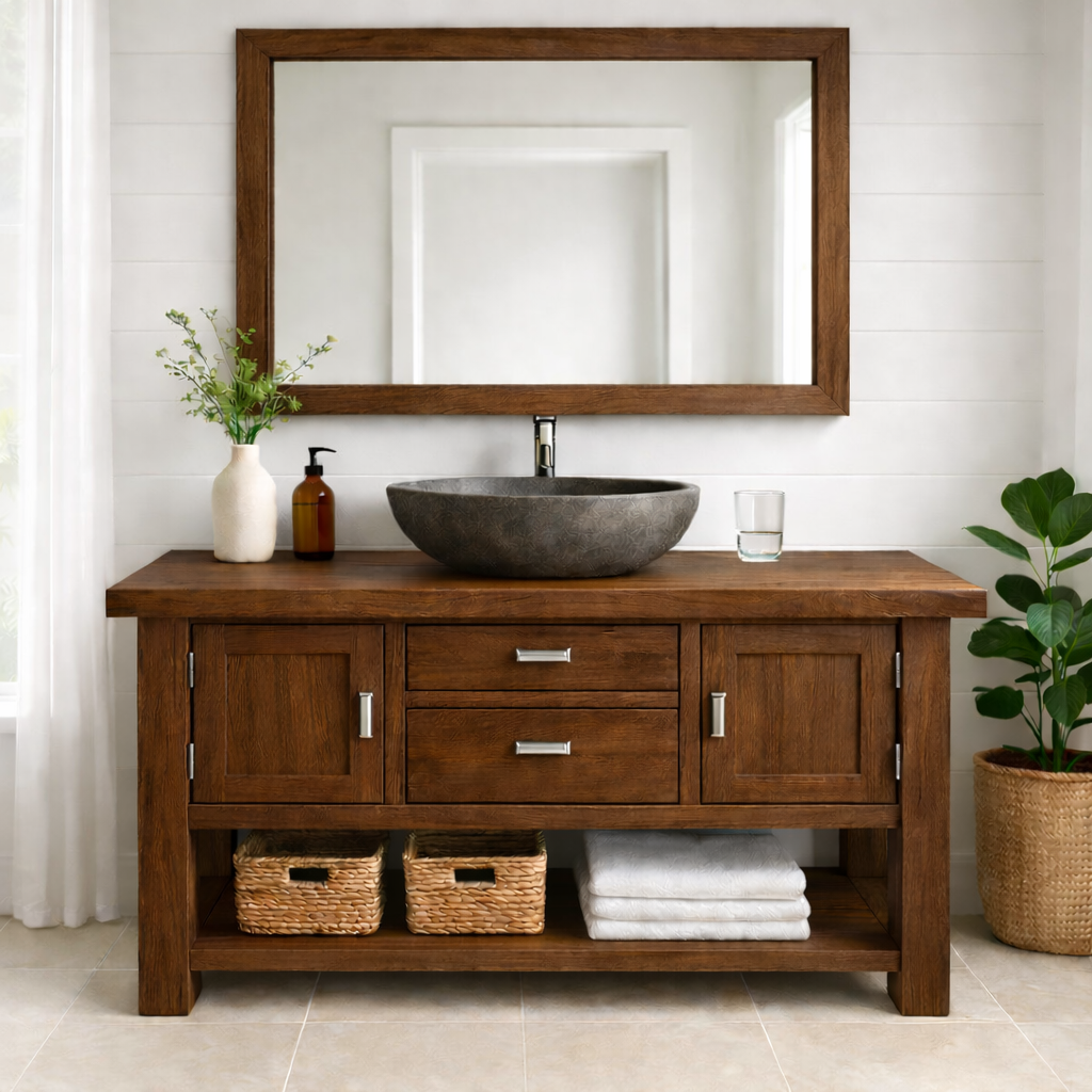 Timeless Solid Wood Bathroom Vanity with Double Side Cabinets, Center Drawers and Open Bottom Shelf