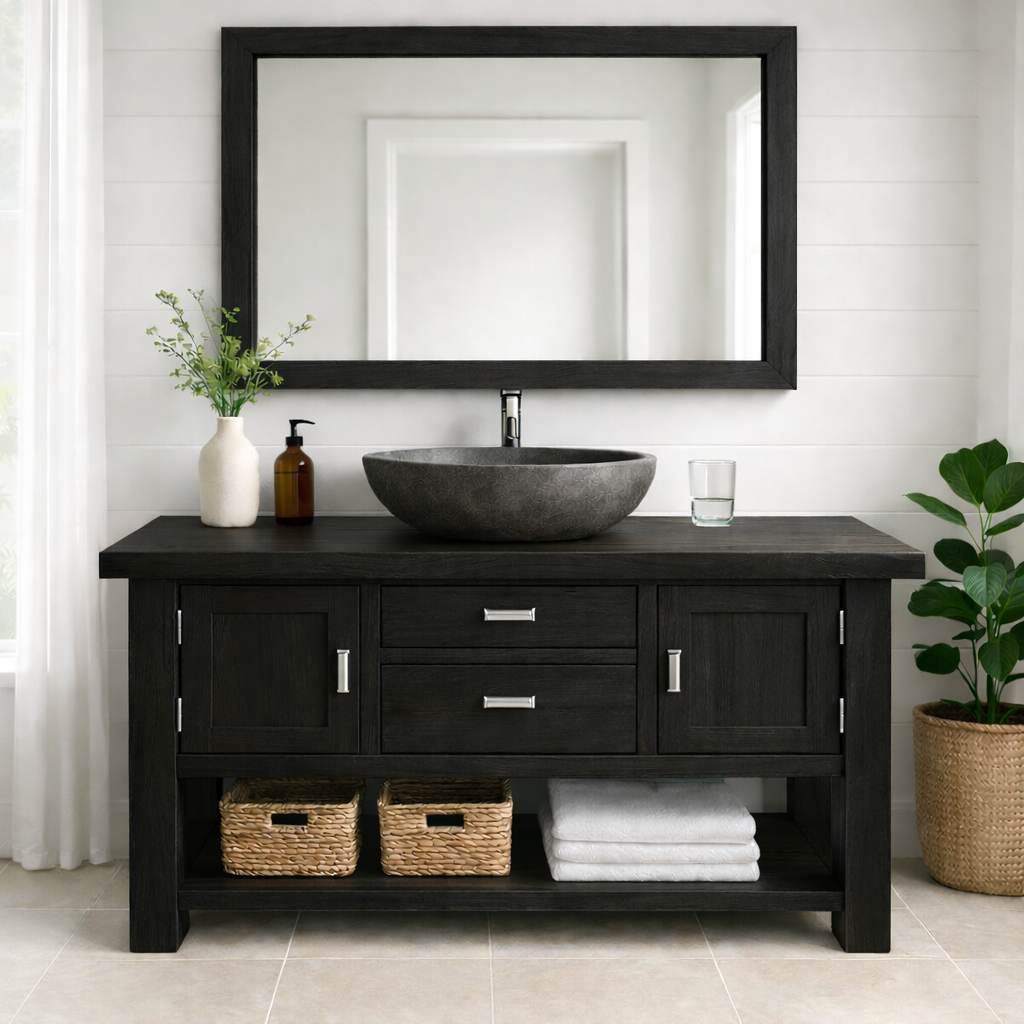 Timeless Solid Wood Bathroom Vanity with Double Side Cabinets, Center Drawers and Open Bottom Shelf