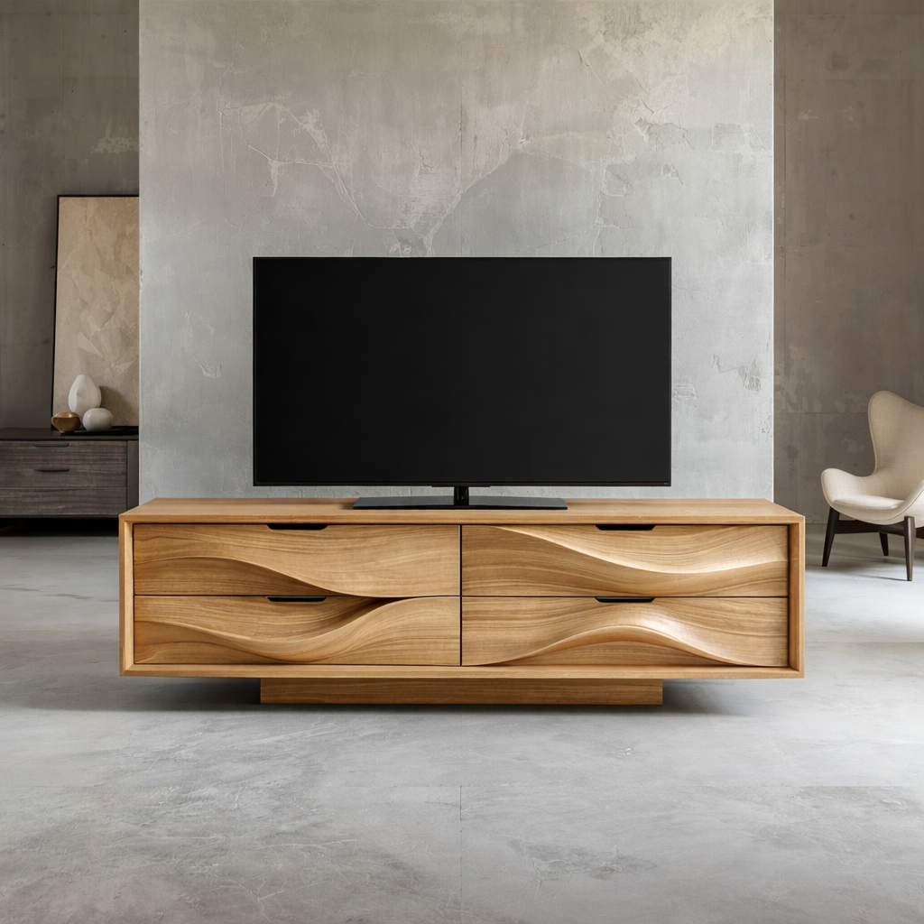Solid Wood TV Stand with Sculpted Wave Doors – Modern Minimalist Media Console