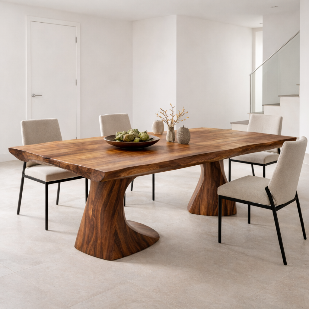 Solid Wood Live Edge Dining Table with Sculptural Organic Base