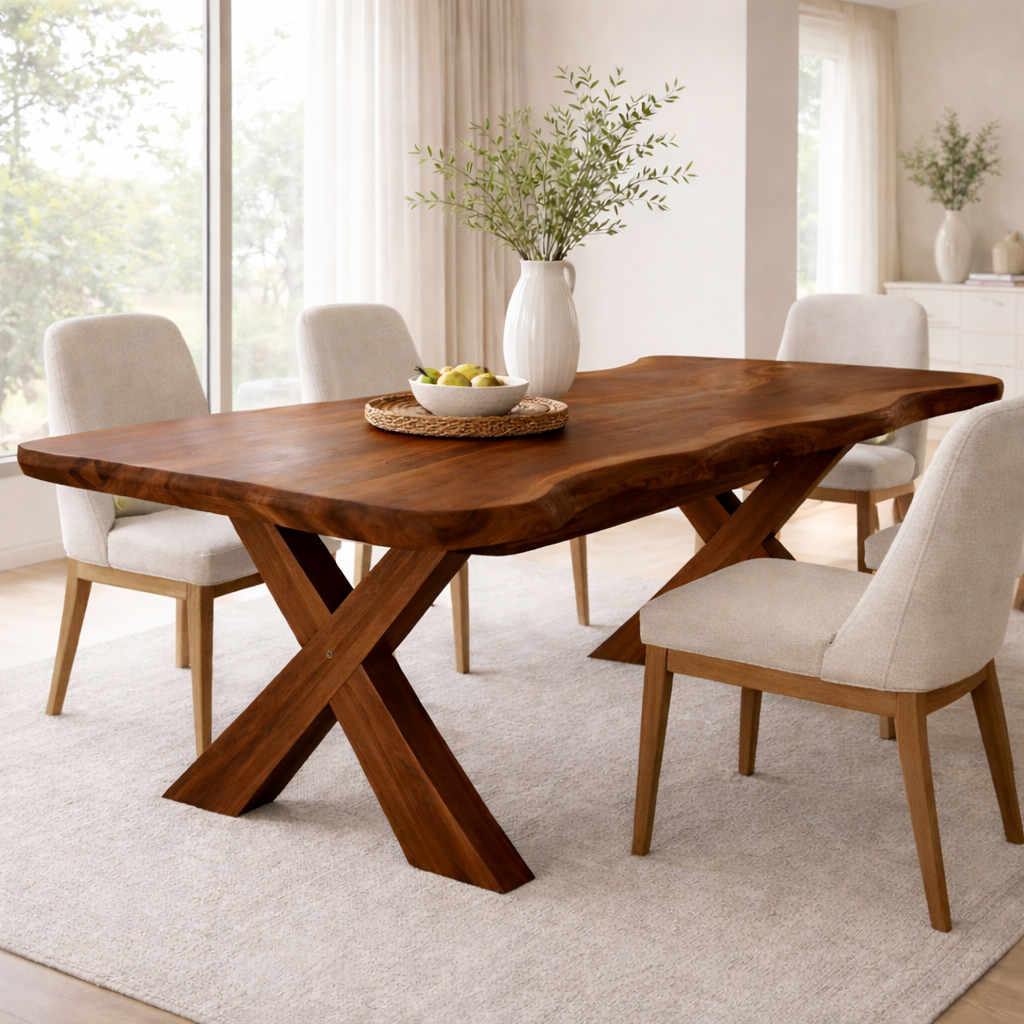 Solid Wood Live Edge Dining Table with X-Base Sculptural Legs