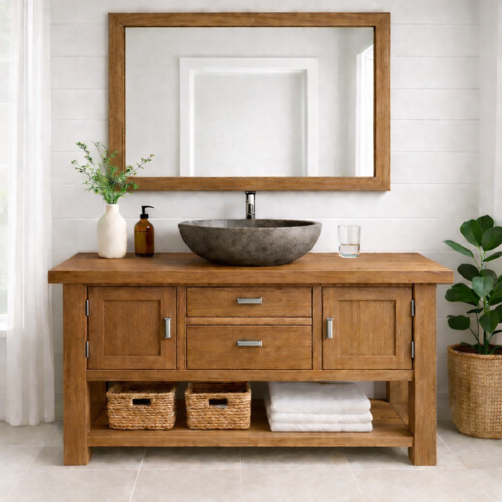 Timeless Solid Wood Bathroom Vanity with Double Side Cabinets, Center Drawers and Open Bottom Shelf