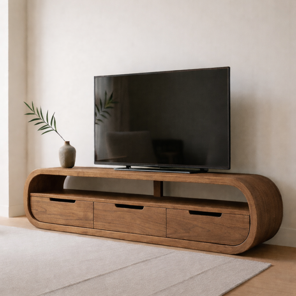 Modern Curved Solid Wood TV Stand with Drawer Storage