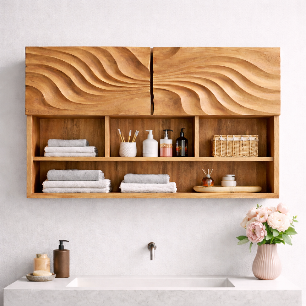 Solid Wood Floating Bathroom Shelf Cabinet with Wave Carved Doors