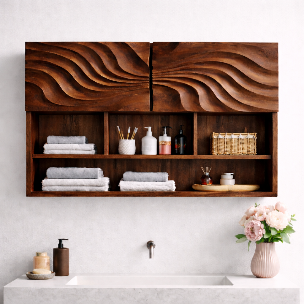 Solid Wood Floating Bathroom Shelf Cabinet with Wave Carved Doors