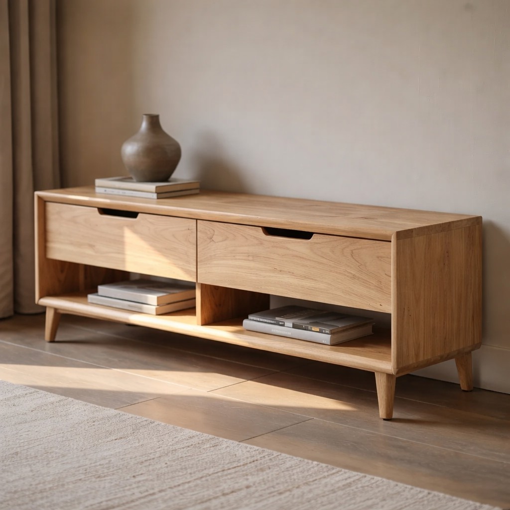 Solid Wood Entryway Bench with 2 Drawers & Open Shelf – Modern Storage Bench