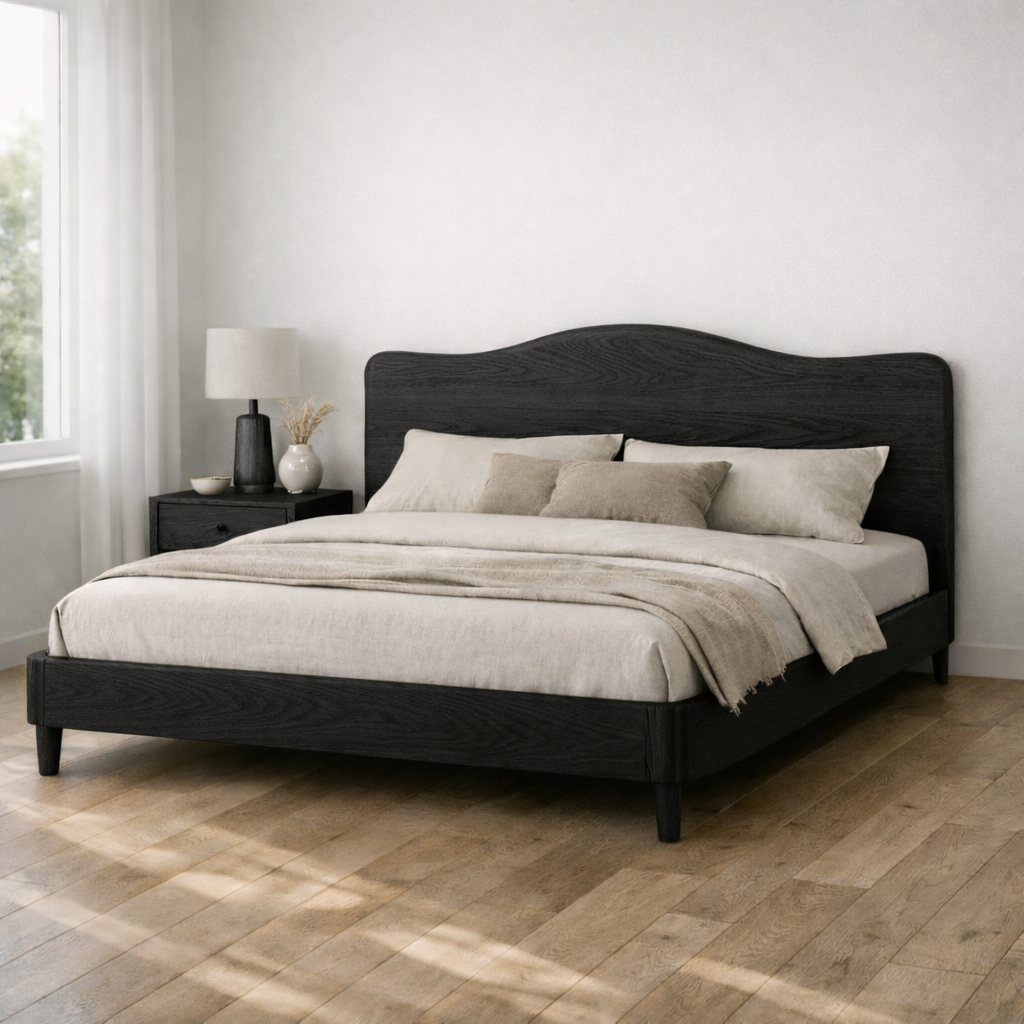 Solid Wood Bed Frame with Curved Headboard and Tapered Legs for Modern Bedroom