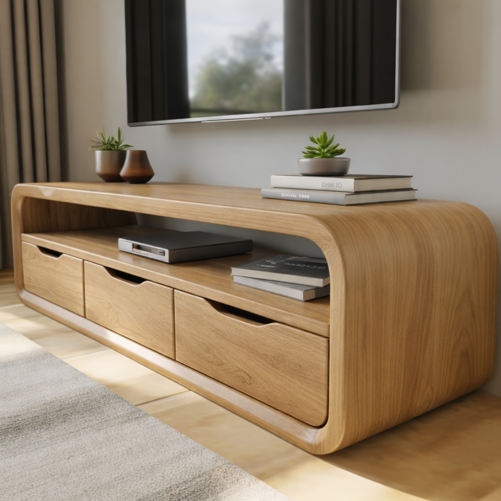 Luxury Curved Solid Wood TV Stand with Open Shelf and Drawer Storage