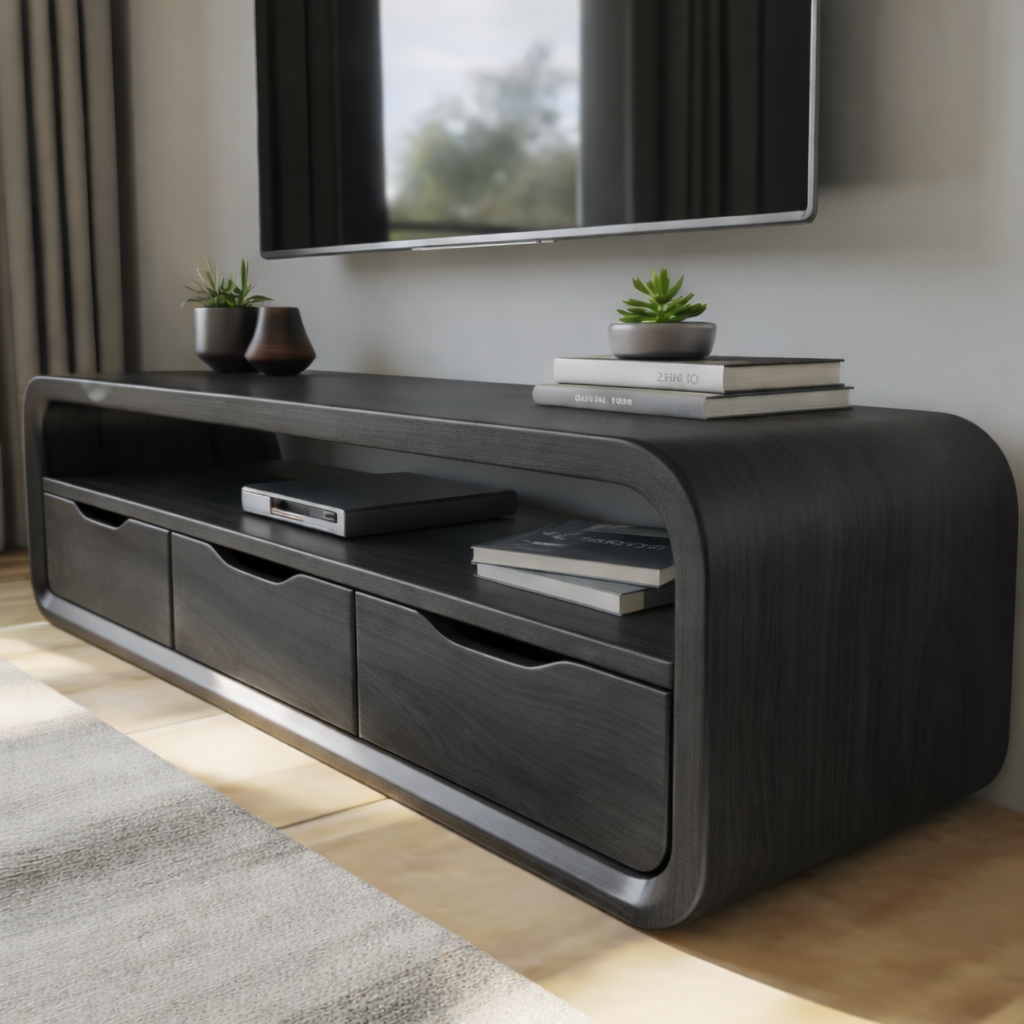 Luxury Curved Solid Wood TV Stand with Open Shelf and Drawer Storage