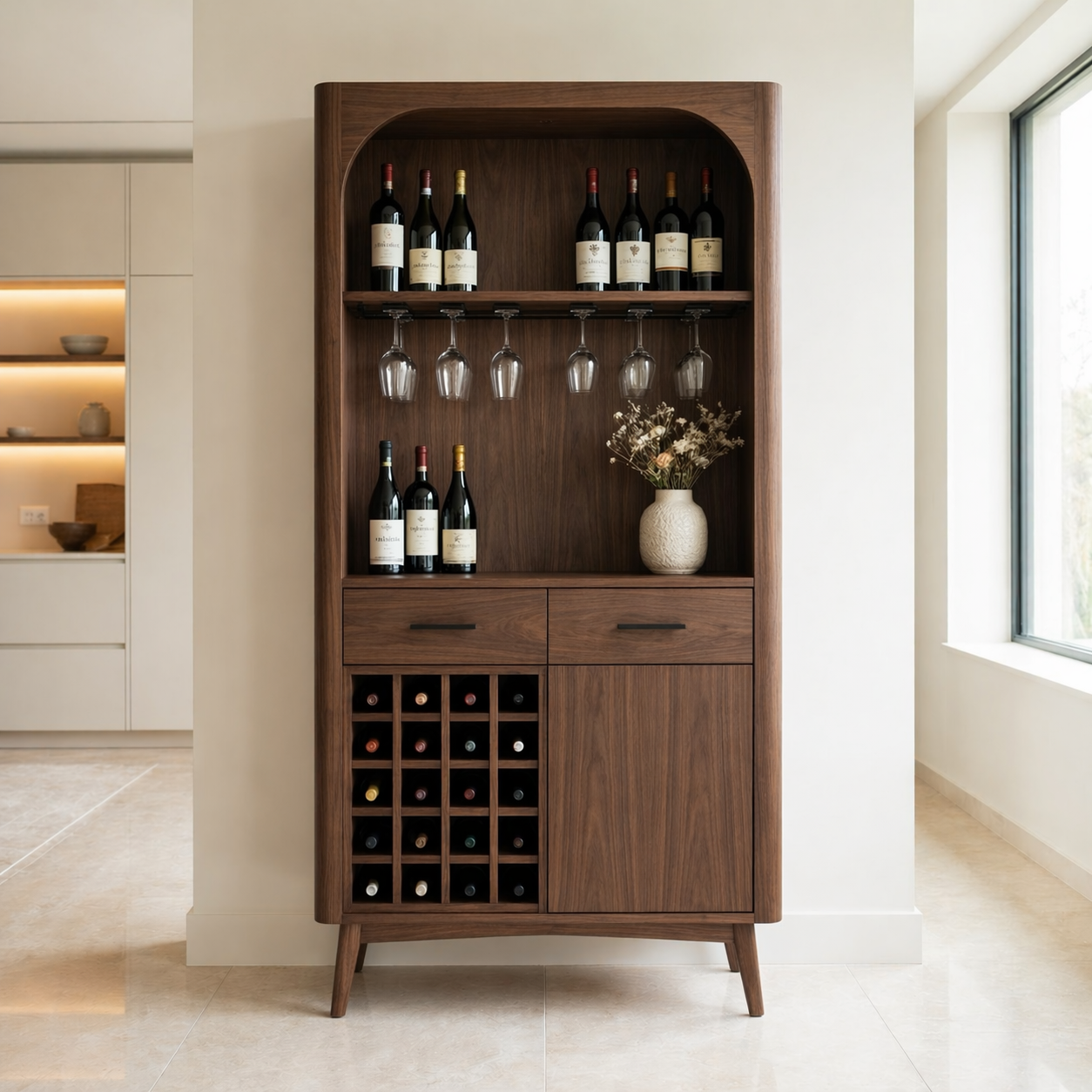 Solid Wood Wine Cabinet with Open Shelves, Glass Holder and Bottle Rack
