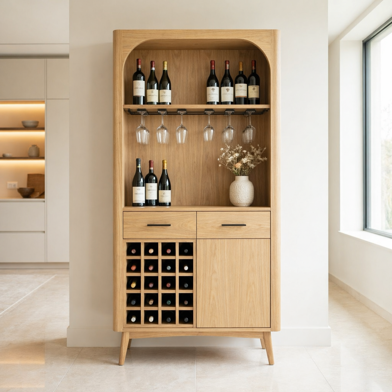 Solid Wood Wine Cabinet with Open Shelves, Glass Holder and Bottle Rack