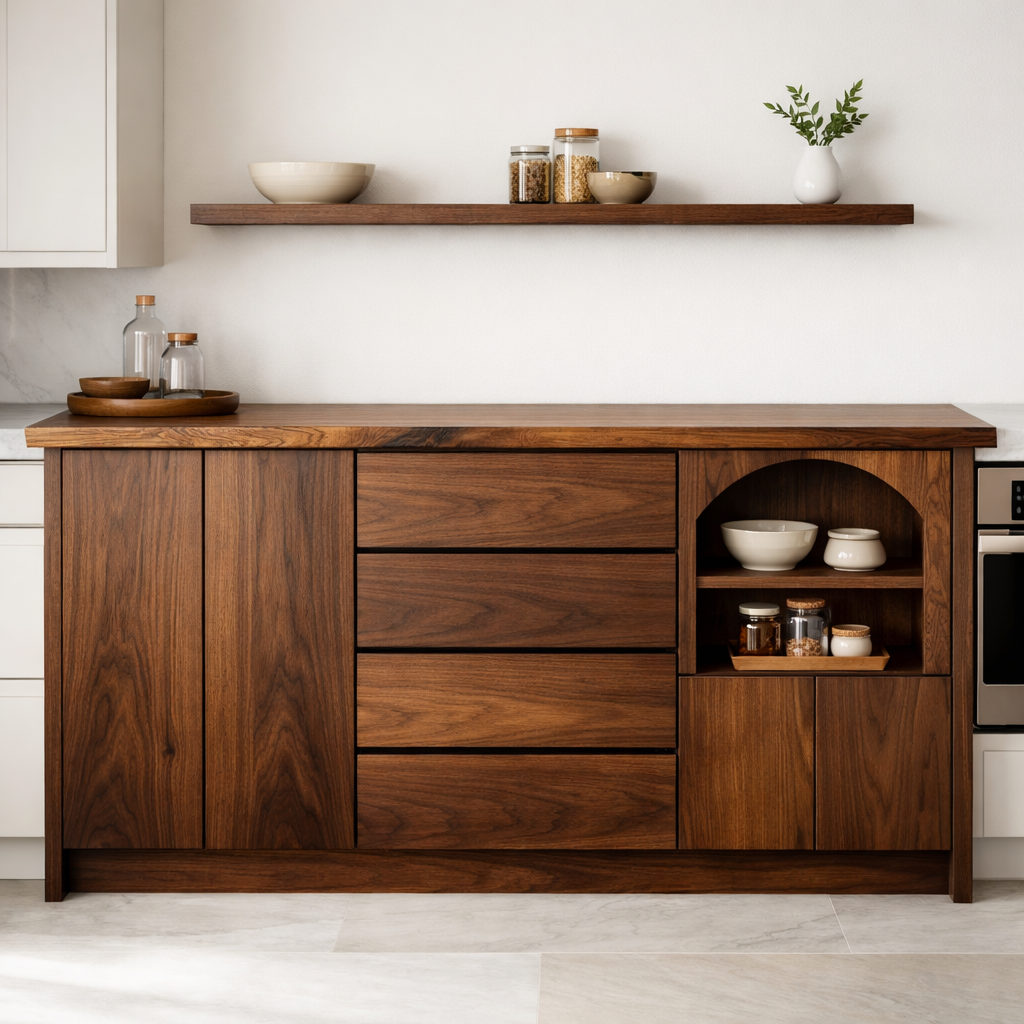 Solid Walnut Kitchen Island with Drawers, Doors & Arched Open Shelf