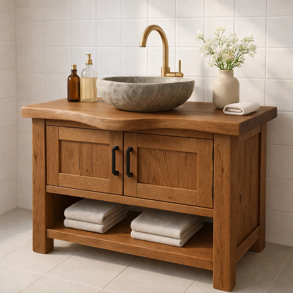 Solid Wood Bathroom Vanity with Double Cabinet Doors and Open Shelf for Organic Modern Bathrooms