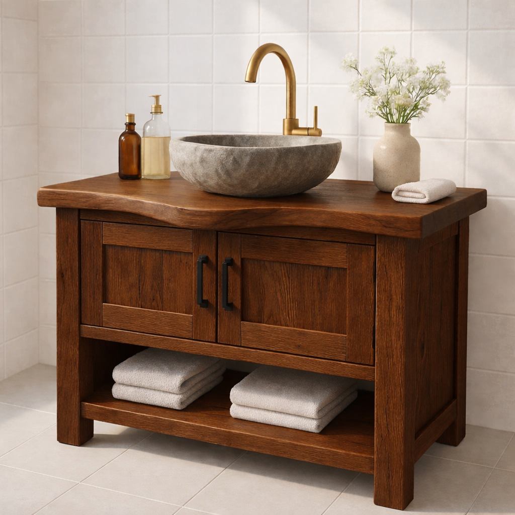 Solid Wood Bathroom Vanity with Double Cabinet Doors and Open Shelf for Organic Modern Bathrooms