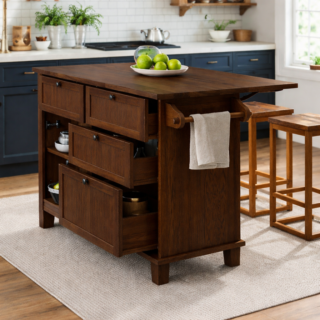 Solid Wood Kitchen Island with Drawers & Towel Rack – Kitchen Storage Island, Rustic Prep Table with Cabinets