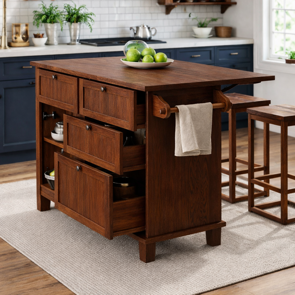 Solid Wood Kitchen Island with Drawers & Towel Rack – Kitchen Storage Island, Rustic Prep Table with Cabinets