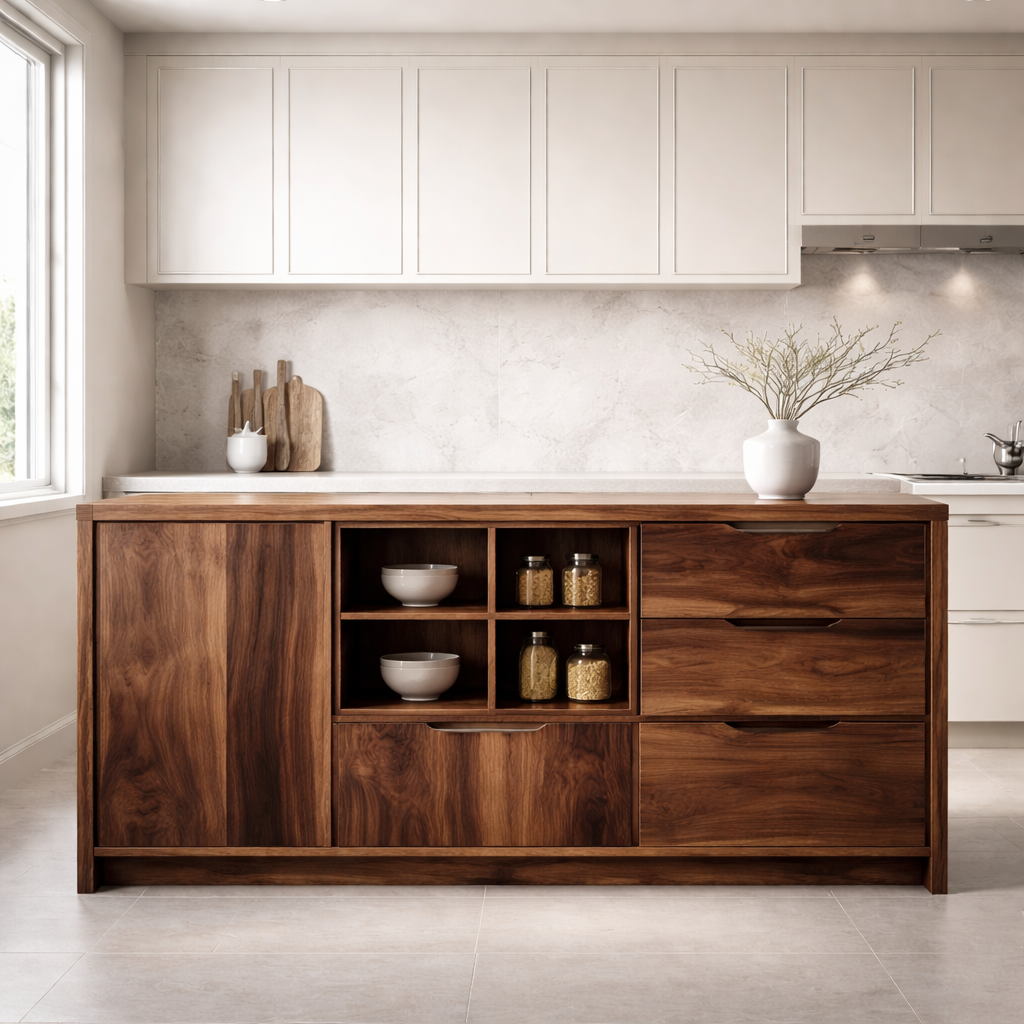 Solid Oak Kitchen Island with Drawer Storage & Open Shelving