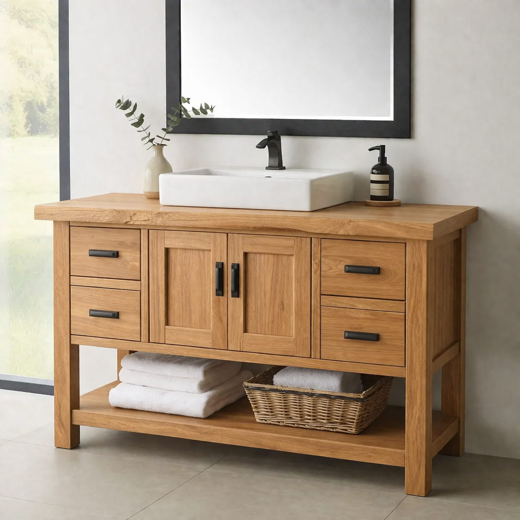 Solid Wood Bathroom Vanity with Drawers, Cabinet Doors & Open Shelf – Rustic Farmhouse Vanity