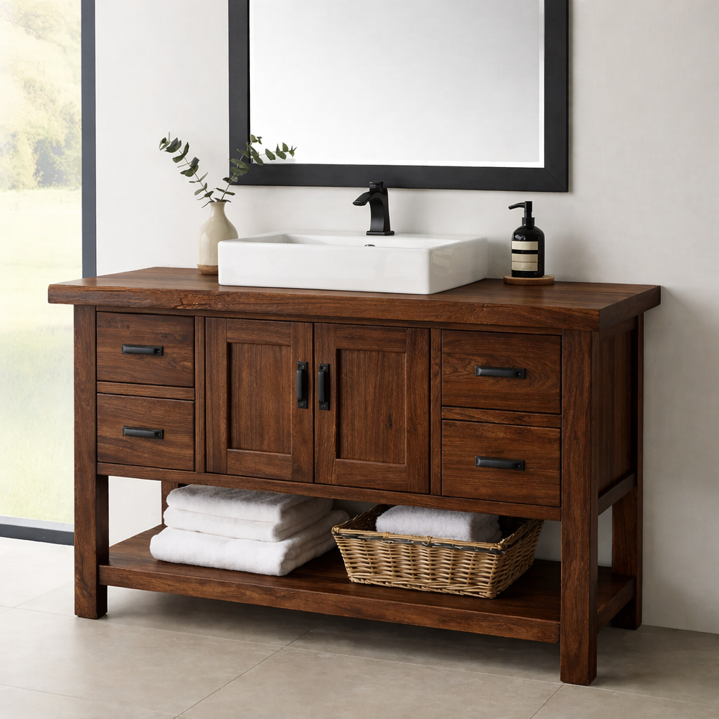 Solid Wood Bathroom Vanity with Drawers, Cabinet Doors & Open Shelf – Rustic Farmhouse Vanity