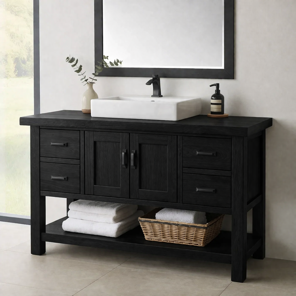 Solid Wood Bathroom Vanity with Drawers, Cabinet Doors & Open Shelf – Rustic Farmhouse Vanity
