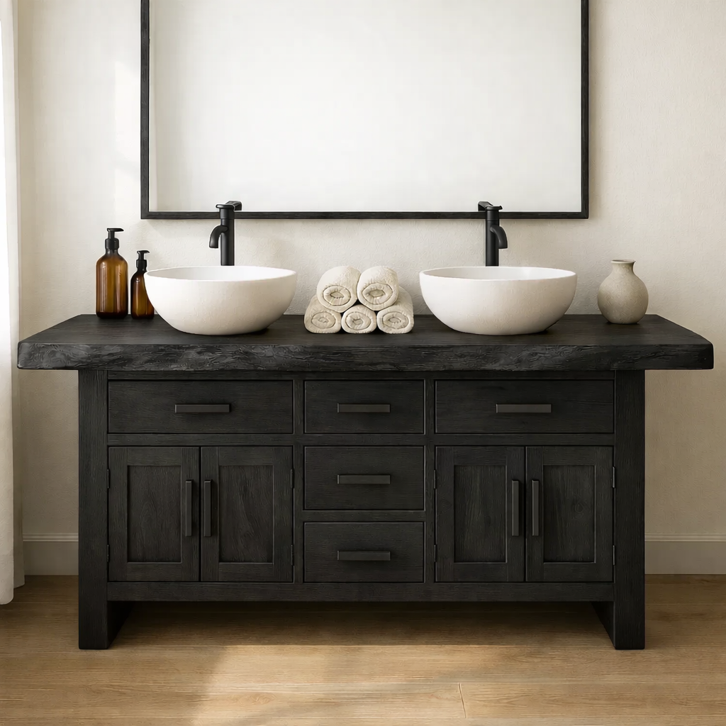 Solid Wood Double Bathroom Vanity with Five Drawers and Dual Cabinet Doors for Master Bathrooms