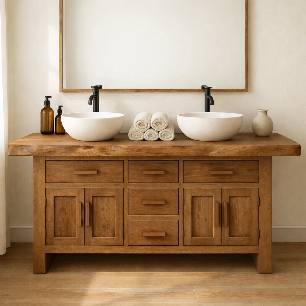 Solid Wood Double Bathroom Vanity with Five Drawers and Dual Cabinet Doors for Master Bathrooms