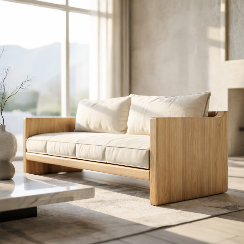 Modern Solid Wood Sofa with Minimalist Block Arms