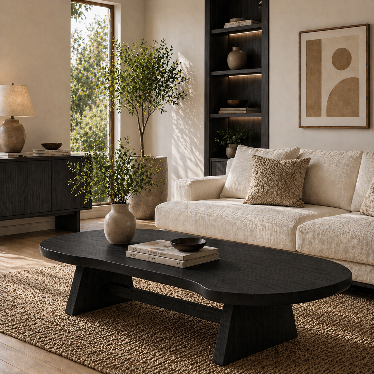 Solid Wood Coffee Table with Organic Oval Top and Angled Base