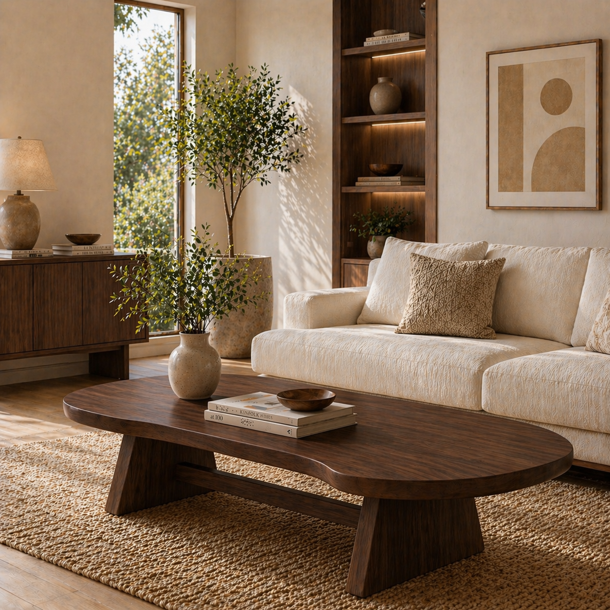 Solid Wood Coffee Table with Organic Oval Top and Angled Base