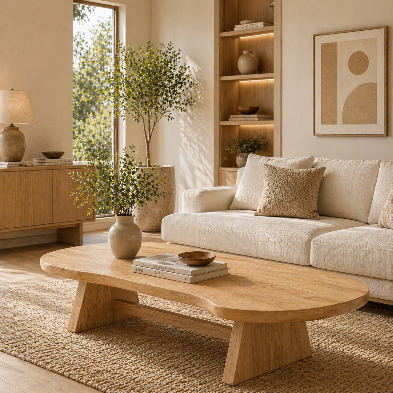 Solid Wood Coffee Table with Organic Oval Top and Angled Base
