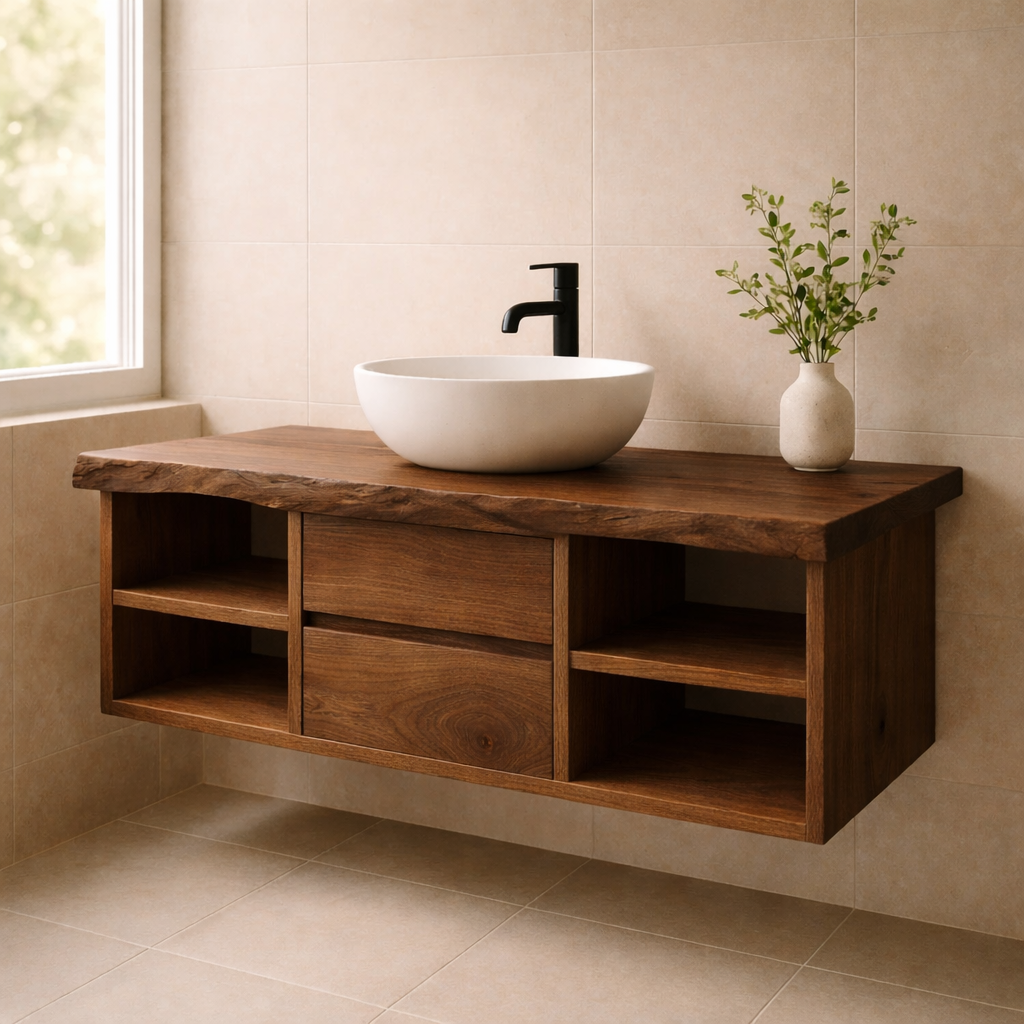 Minimalist Solid Wood Floating Bathroom Vanity with Live Edge Countertop and Dual Open Shelving