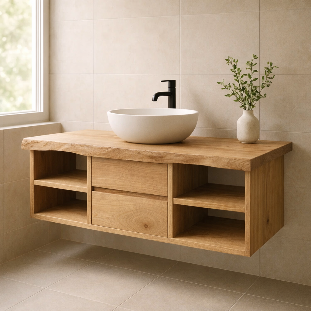 Minimalist Solid Wood Floating Bathroom Vanity with Live Edge Countertop and Dual Open Shelving