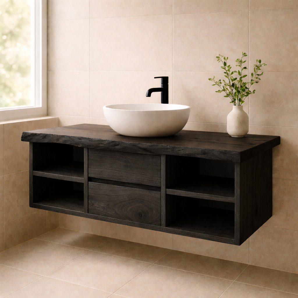 Minimalist Solid Wood Floating Bathroom Vanity with Live Edge Countertop and Dual Open Shelving