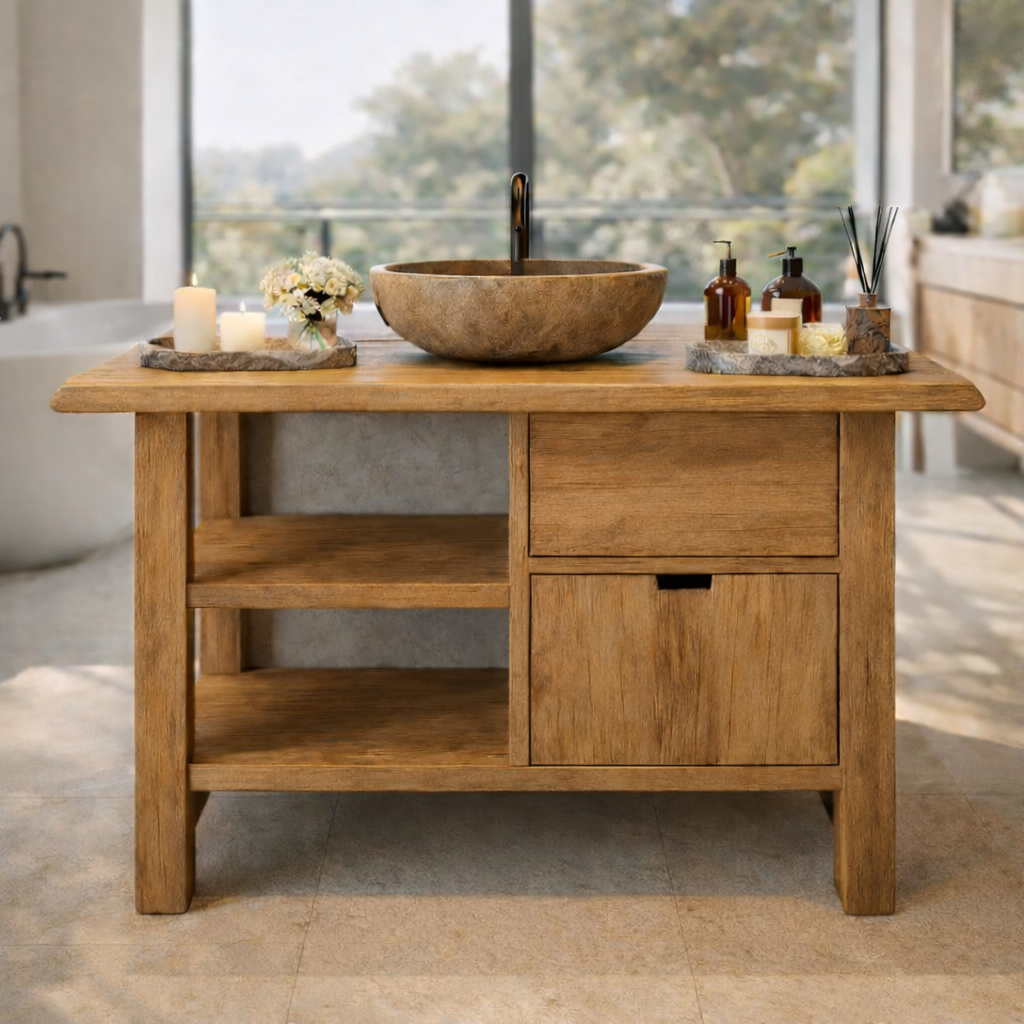 Modern Solid Wood Vanity Cabinet with Drawer and Open Storage for Minimalist Bathrooms